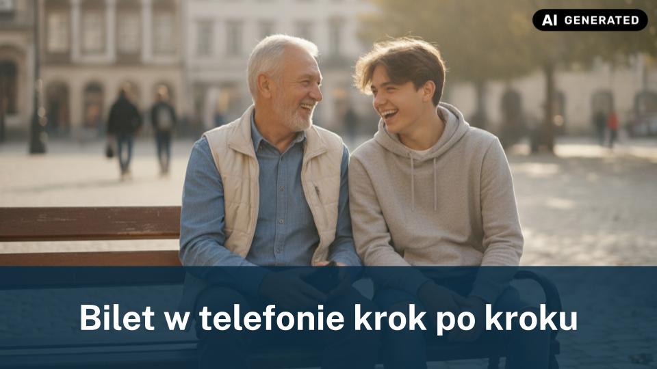 Uśmiechnięty dziadek z wnukiem siedzą na ławce w parku, rozmawiając i trzymając smartfon.