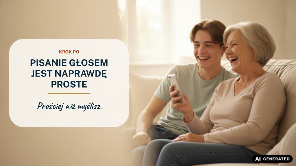 Uśmiechnięta babcia i wnuk siedzą na kanapie, używając funkcji głosowych w telefonie.