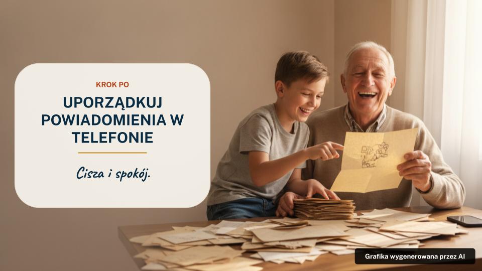 Uśmiechnięty dziadek z wnuczkiem porządkują stertę papierów i kopert przy biurku.